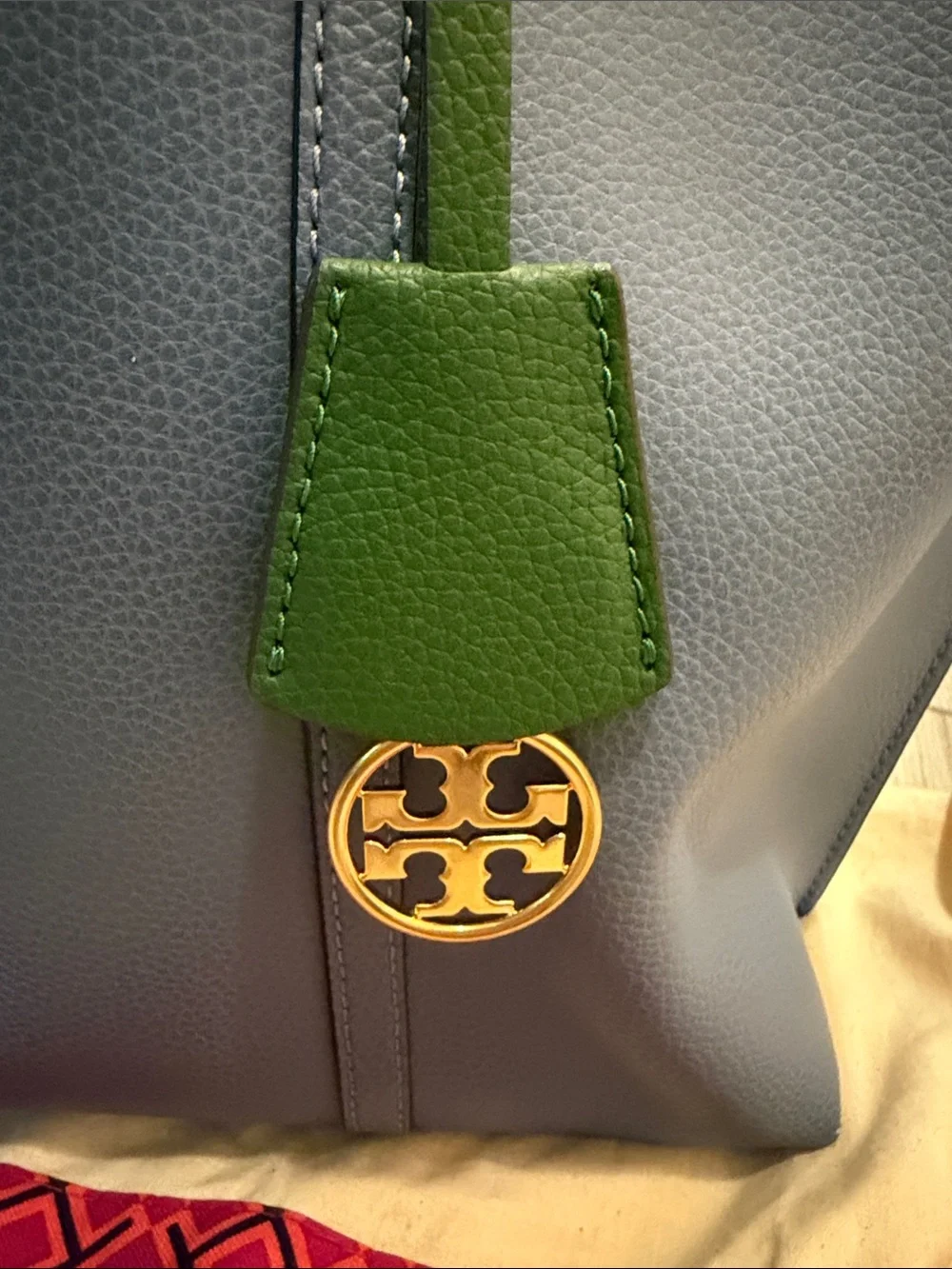 Tory Burch Perry Blue Leather Tote with Green Accent